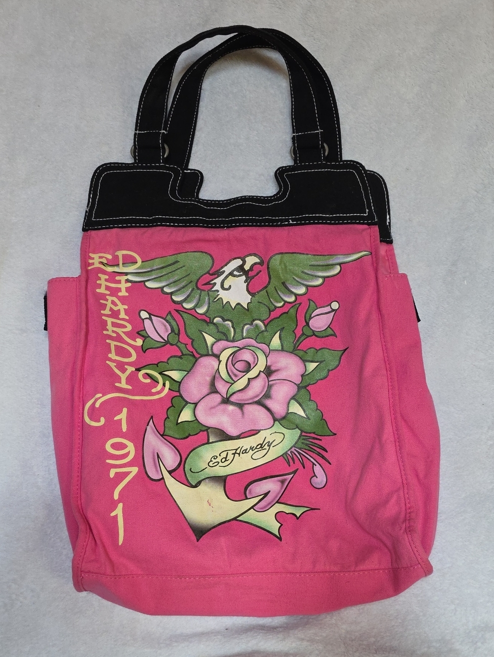 Ed Hardy Pink Canvas Tote with Floral Eagle Graphic and Black Trim
